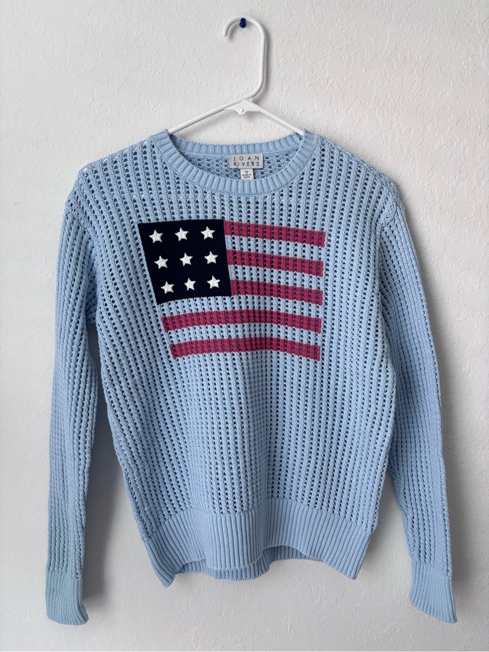 Joan Rivers Light Blue American Flag Knit Sweater 100% Cotton Size XS